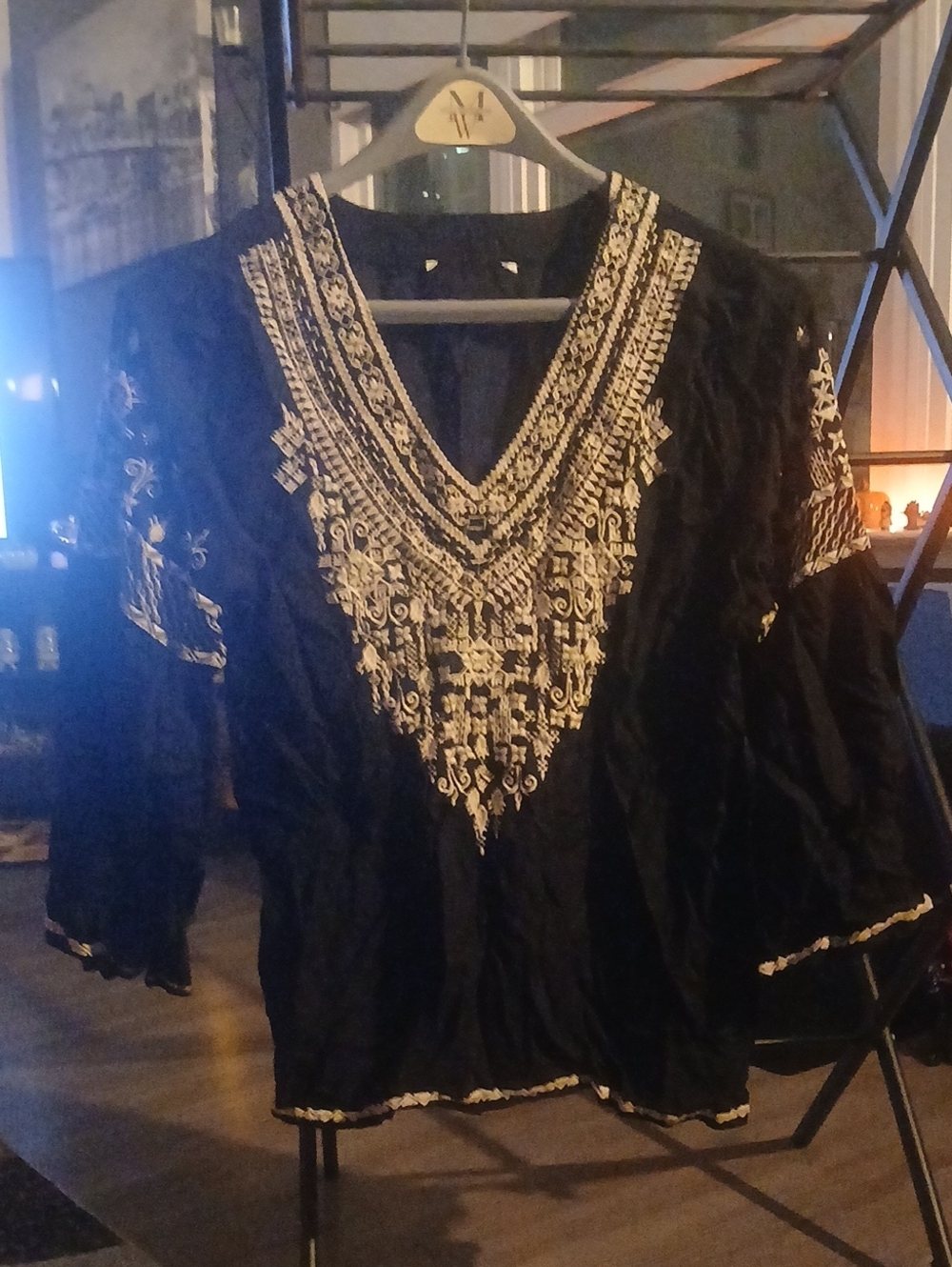Boho V-Neck Tunic Top in Black with Cream Embroidery